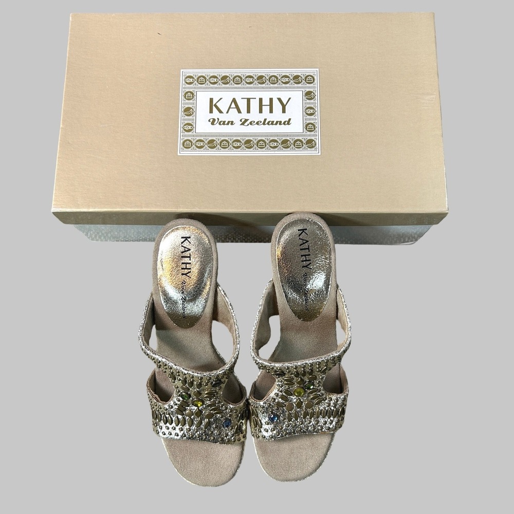 Kathy Van Zeeland Gold Jeweled Studded Slide Sandals‎ Size 6 2000s Y2K